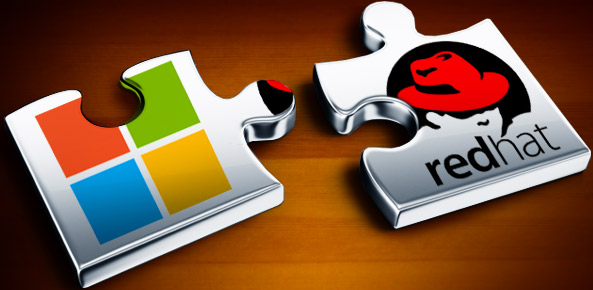 Microsoft and Red Hat logos as puzzle pieces fitting together